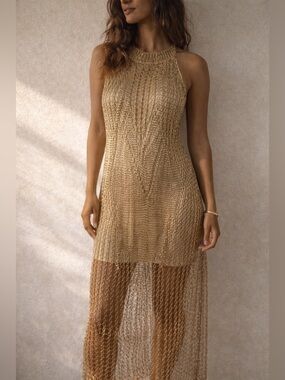 Venus Gold Crochet Maxi Dress 1X Metallic Sheer Beach Cover Up Resort Festival
